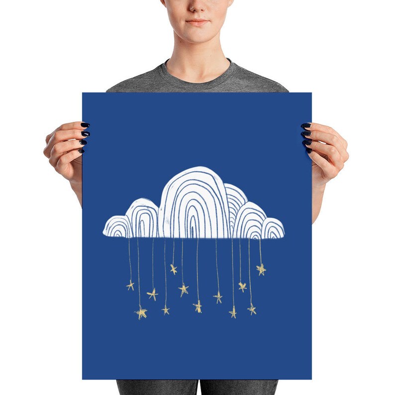 May include: A white cloud with a whimsical, hand-drawn style, hanging gold stars on a deep blue background.