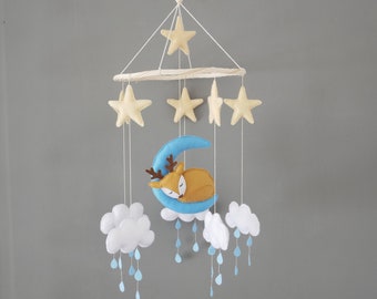 Handmade baby mobile with deer, moon and felt clouds