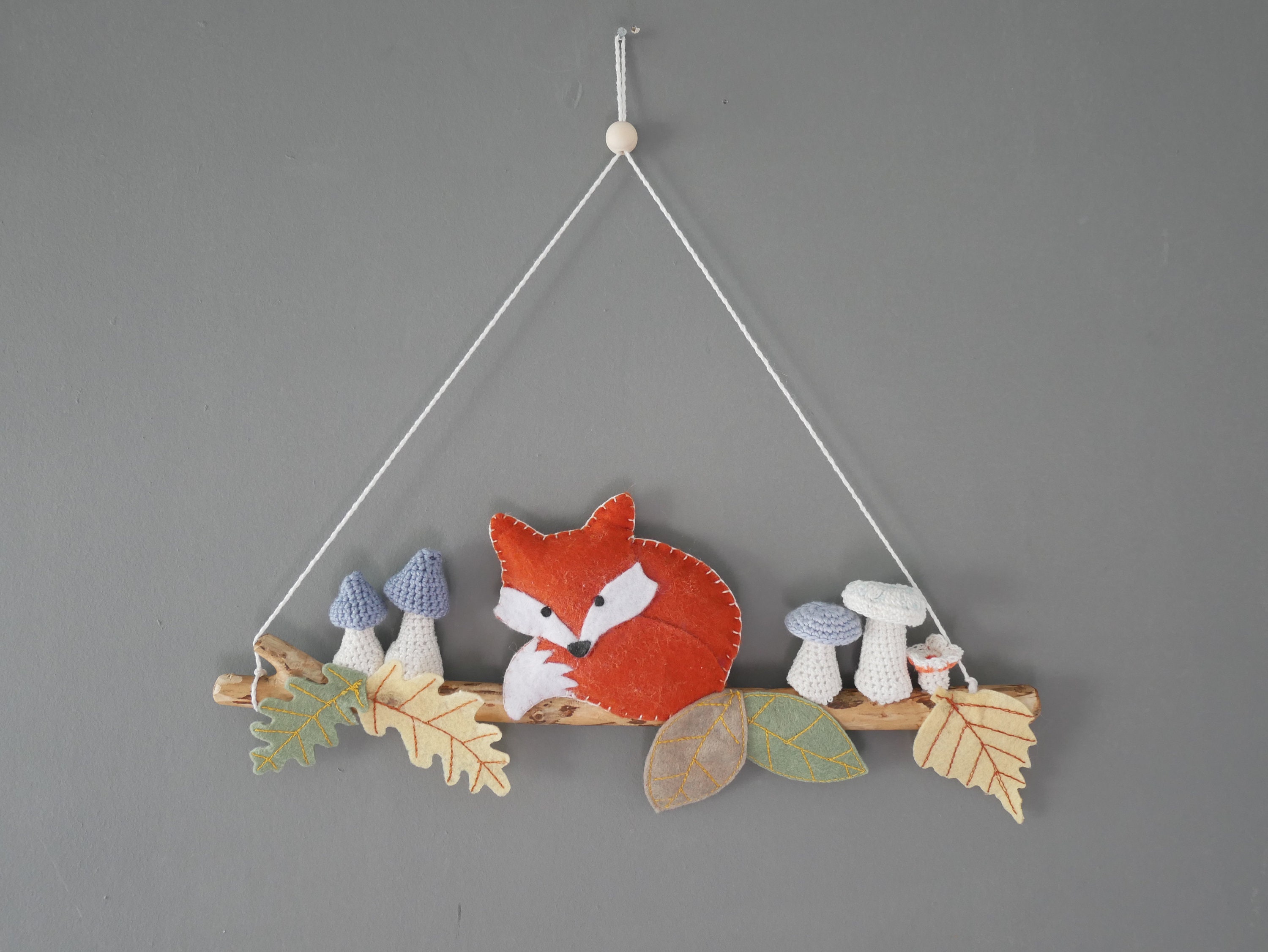Décoration/Suspension en Bois, Renard, Feuilles et Champignons