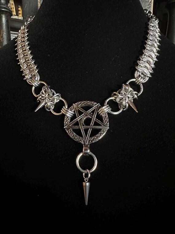 Stainless steel chainmail inverted pentacle necklace with spikes