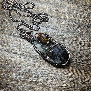 Smoky quartz with fire agate in copper