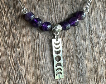 Amethyst moon phase paper clip chain necklace