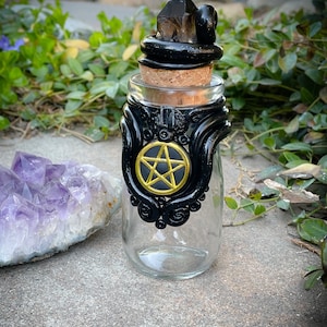 Apothecary jar with smoky quartz, black tourmaline
