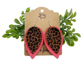 Leather Leopard Pinched Leaf Earrings | Hot Pink and Leopard Genuine Leather Earrings | Sterling Silver | 18K Gold Plated