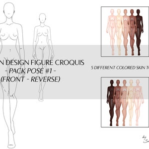 Könnte beinhalten: Fünf Mode-Figuren-Croquis in verschiedenen Hauttönen, die eine Gehpose von vorne und hinten zeigen. Der Text "FASHION DESIGN FIGURE CROQUIS - PACK POSE #1 - (FRONT - REVERSE)" befindet sich oben im Bild. Der Text "5 DIFFERENT COLORED SKIN TONES" befindet sich oben rechts im Bild. Der Text "S.M. ILLUSTRATIONS by Sara Margarette" befindet sich unten rechts im Bild.