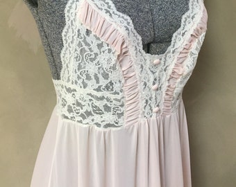 Gorgeous (60s) Nylon Lingerie/night gown (full length) in perfect shape. Made for Olga by Secret Hug. Pink w/ white lace trim & pink buttons