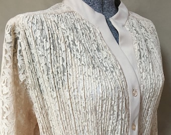 Beautiful Union Made Dress (1980s).  Polyester Sz 12 Lace top & Polyester skirt w/ tie belt.  Discovery Fashions Ltd