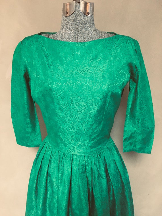 Vintage (40s-50s) Emerald Green Linen Party Dress… - image 3