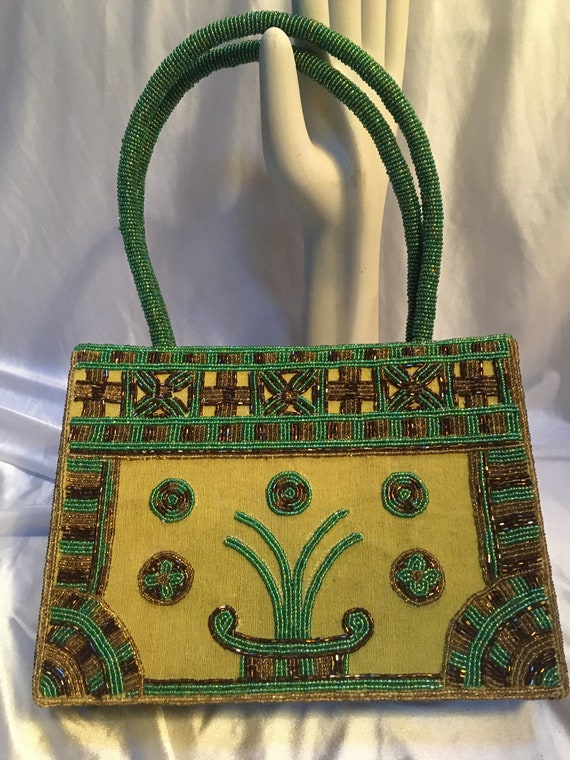 Gorgeous Beaded purse with brown, gold and green b