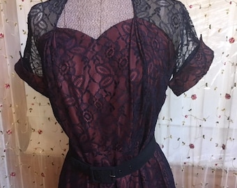 Gorgeous Vintage Navy Lace and Taffeta Dress