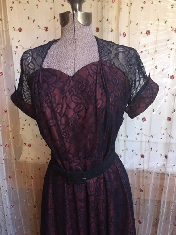 Gorgeous Vintage Navy Lace and Taffeta Dress