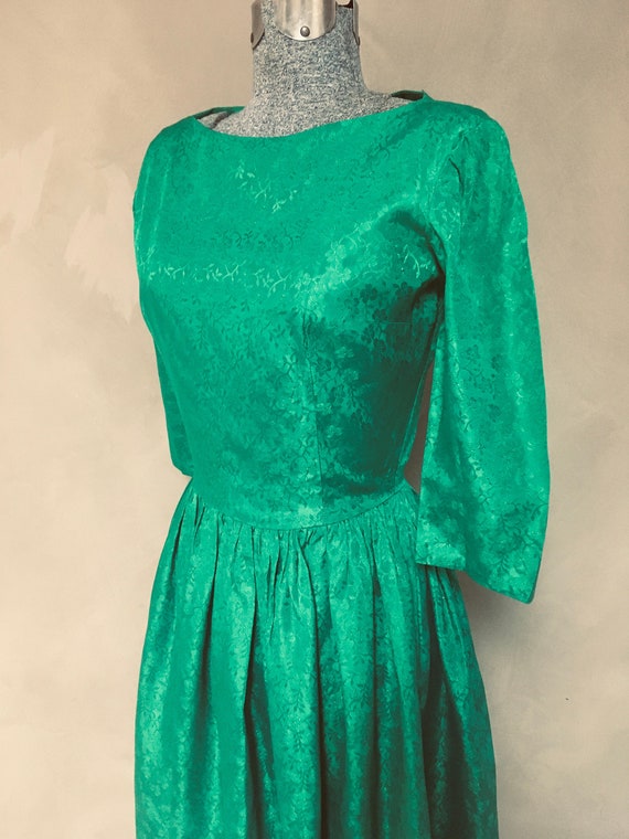 Vintage (40s-50s) Emerald Green Linen Party Dress… - image 1