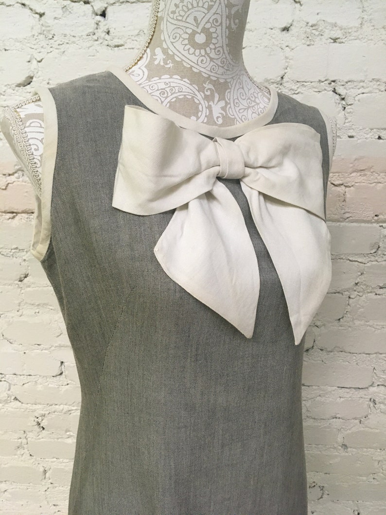White Bow and Gray Linen Streetwear Linen Shift dress.