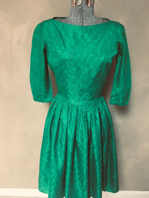 Vintage (40s-50s) Emerald Green Linen Party Dress… - image 5