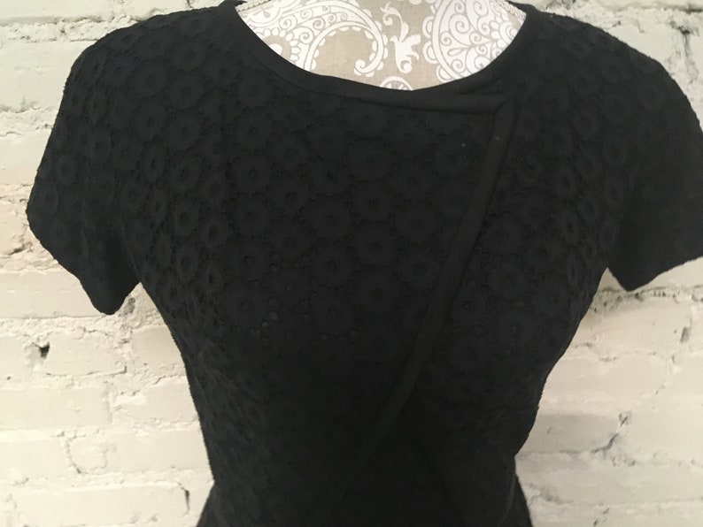 This is an "Leslie Fay Original" black eyelet cotton shift day dress ca 1960 Sz M In fantastic shape. image 1