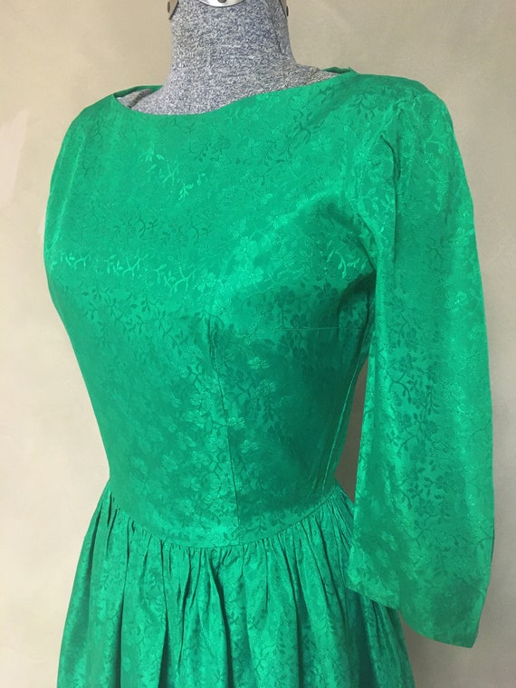 Vintage (40s-50s) Emerald Green Linen Party Dress… - image 2