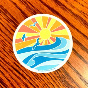 STICKER Ocean Life Colorful Round | Ocean Sunset and Seagulls | Waterproof | 3.1" Round  | FREE Shipping