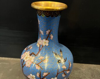 VINTAGE Large Antique Japanese Cloisonné Vase | Cherry Blossom Blue  | 4.25" W x 7.25"T | Made In Peoples Republic of China | Free Shipping