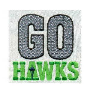 May include: Embroidered patch with the words "GO" in gray and "HAWKS" in green with a small blue and green image of the Space Needle in between the words.