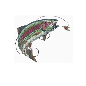 May include: A colorful embroidered image of a trout jumping out of the water with a fishing lure in its mouth.
