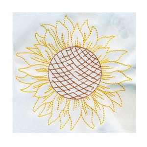 May include: Embroidered sunflower design with yellow petals and a brown center, stitched on a light blue fabric. The sunflower is centered and detailed, showcasing the intricate embroidery work. The design is a close-up, highlighting the texture.