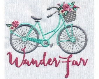 EMBROIDERY Wander Far Bicycle with flowers | Instant Digital Download