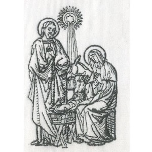May include: Black and white embroidered depiction of the Nativity scene. The image features Joseph, Mary, and baby Jesus in a manger, with a radiant star above. The figures are dressed in flowing robes, and the artwork is set against a white background.