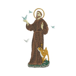 May include: Embroidered patch depicting Saint Francis of Assisi, a Catholic saint, wearing a brown robe with a halo. He is extending his hand towards a small bird and a fawn is standing next to him.