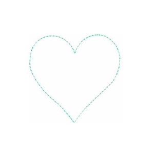 May include: A simple, minimalist design featuring a heart shape. The heart is outlined with a series of small, evenly spaced teal stitches against a clean white background. The stitches create a delicate, handmade aesthetic.