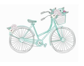 EMBROIDERY 7"W Large Sketchy Bicycle and Flowers  | Instant Digital Download