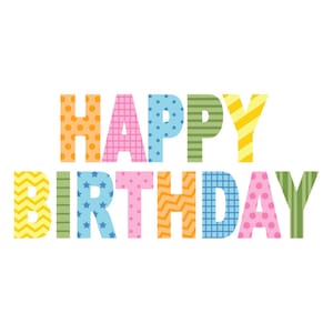 Könnte beinhalten: Frohe Geburtstagsgrüße in bunten, gemusterten Buchstaben. Jeder Buchstabe hat ein anderes Muster, darunter Punkte, Streifen, Sterne und Zickzacklinien.