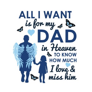 Puede incluir: Un diseño gráfico azul y blanco con el texto "ALL I WANT is for my DAD in Heaven TO KNOW HOW MUCH I love & miss him". El gráfico presenta una silueta de un ángel con alas y un corazón.