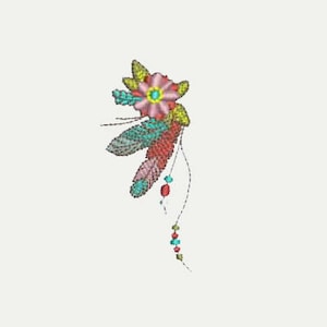 May include: A pink flower with a turquoise center, surrounded by green leaves and red and turquoise beads hanging from it.