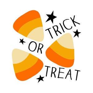 May include: Trick or Treat Halloween design with three orange and yellow candy corn illustrations and black stars. The text is in black.