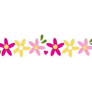 May include: A row of pink, yellow, and light pink flowers with green leaves and a small red heart in the center.