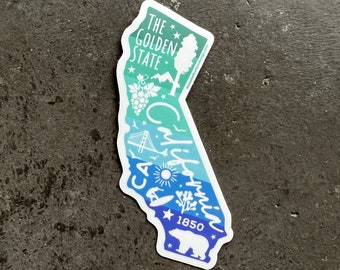 May include: A blue and green sticker shaped like the state of California with various icons representing the state, including a bear, a palm tree, a surfboard, a sun, a bridge, grapes, and the text "The Golden State" and "1850".
