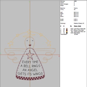 Puede incluir: Un dise&ntilde;o de bordado digital de un &aacute;ngel con un halo y alas. El &aacute;ngel sostiene una estrella y tiene el texto "Every time a bell rings an angel gets its wings" escrito en su vestido. El dise&ntilde;o est&aacute; en tonos de marr&oacute;n, rojo, amarillo y negro.