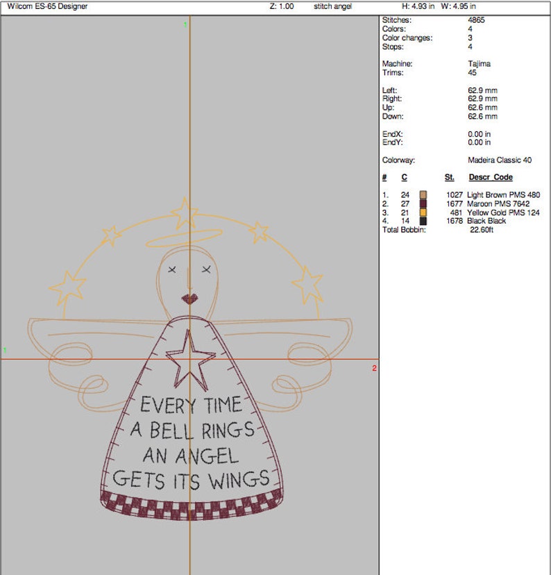 Puede incluir: Un dise&ntilde;o de bordado digital de un &aacute;ngel con un halo y alas. El &aacute;ngel sostiene una estrella y tiene el texto "Every time a bell rings an angel gets its wings" escrito en su vestido. El dise&ntilde;o est&aacute; en tonos de marr&oacute;n, rojo, amarillo y negro.