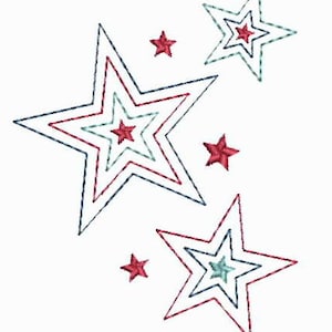 May include: A design featuring five red stars with blue outlines. The largest star has multiple layers of blue and green outlines.