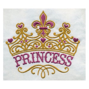 EMBROIDERY 5&quot;W Fleur De Lis and Heart Ornate Princess Crown | Instant Digital Download