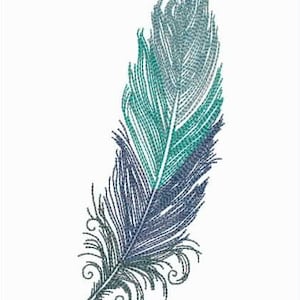 Puede incluir: Una pluma azul, verde y blanca con un diseño detallado. La pluma está estilizada con remolinos en la parte inferior.