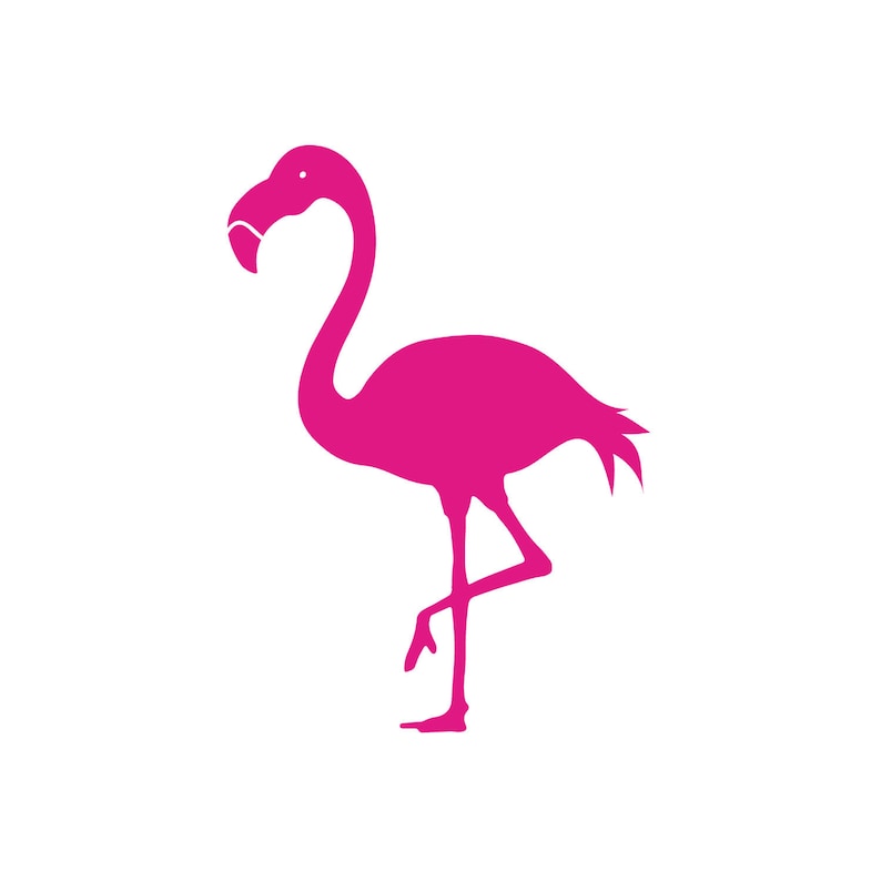 Op de afbeelding: Een helder roze flamingo silhouet tegen een witte achtergrond. De vogel staat op &eacute;&eacute;n been, met een gebogen nek en open snavel. Deze grafische afbeelding is een eenvoudige weergave van de tropische vogel.