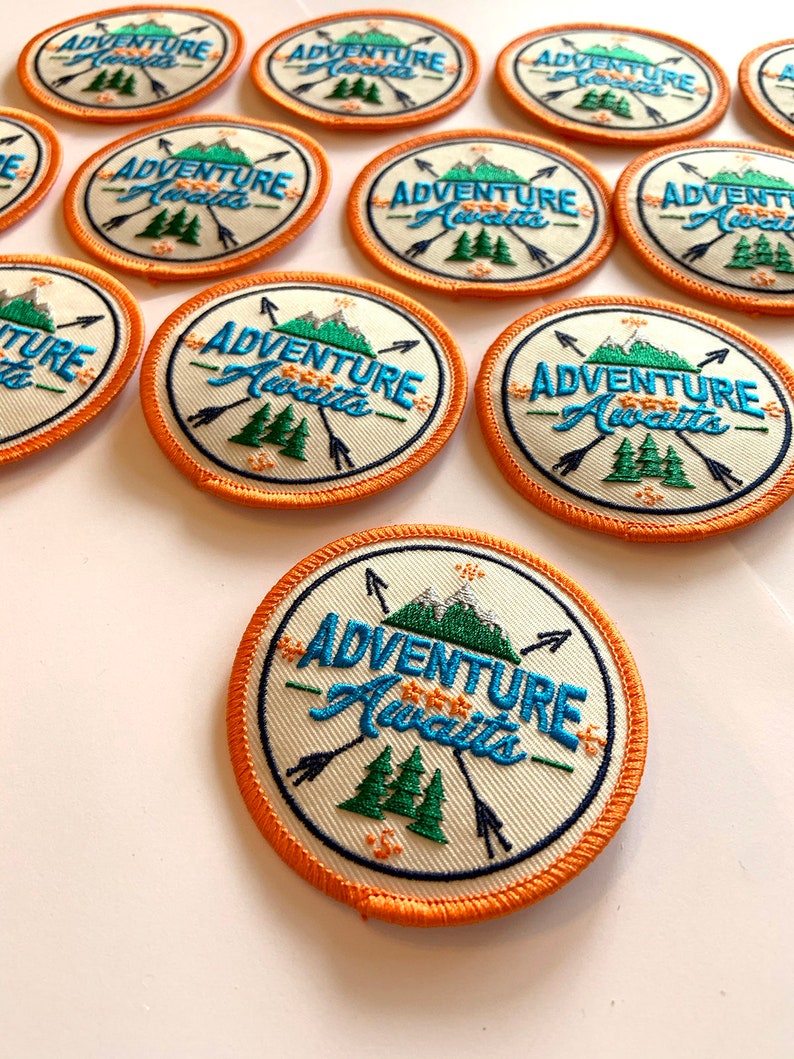 IRON ON PATCH Orange Adventure Awaits | 2.78' Round | Quality Iron On or Sew On Patch Appliqué 