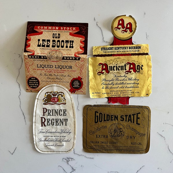 VINTAGE EPHEMERA ORIGINAL 4 Liquor Labels | Prince Regent, Old Lee Booth,Ancient Age, Golden State | Aprox 5"| Poster Stamps | Free Shipping