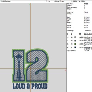 Puede incluir: Dise&ntilde;o bordado del n&uacute;mero 12 con una imagen estilizada de la Space Needle en Seattle, Washington. El dise&ntilde;o est&aacute; rodeado por un contorno verde y el texto "Loud & Proud".