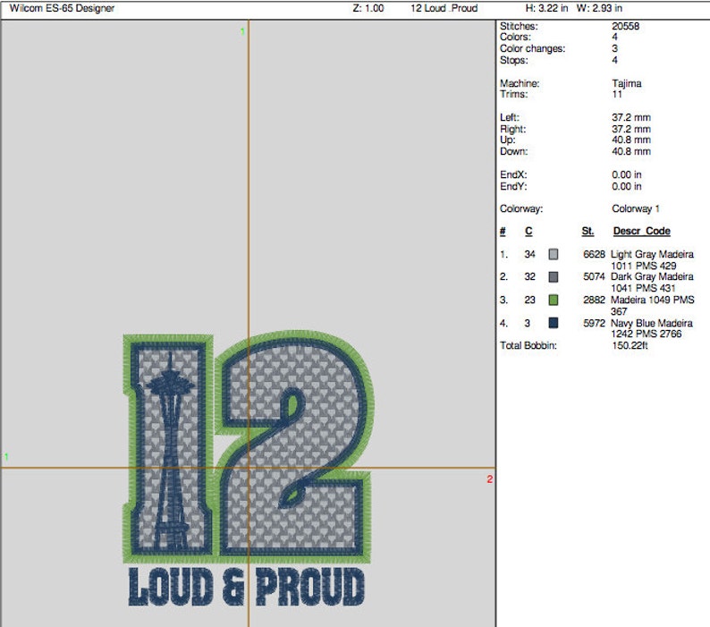 Puede incluir: Dise&ntilde;o bordado del n&uacute;mero 12 con una imagen estilizada de la Space Needle en Seattle, Washington. El dise&ntilde;o est&aacute; rodeado por un contorno verde y el texto "Loud & Proud".