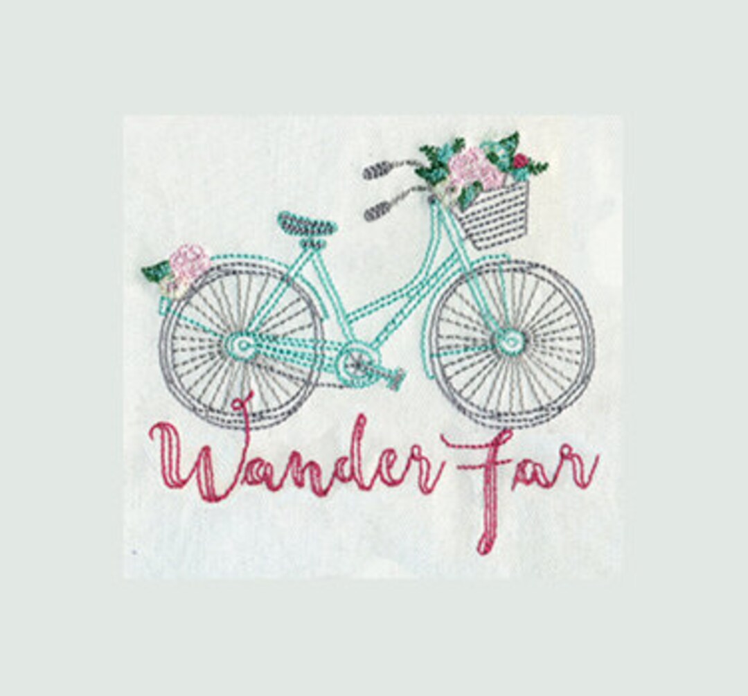 EMBROIDERY Wander Far Sketchy Bicycle and Flowers Instant pic