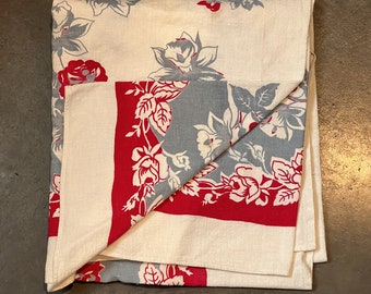 VINTAGE 60x54 Rectangle Block Print Roses Tablecloths Linen | 2 color Pattern | Free Shipping