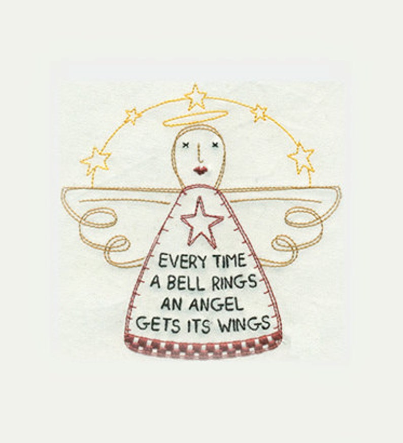 Puede incluir: &Aacute;ngel bordado con halo y alas, con el texto "Every time a bell rings an angel gets its wings".