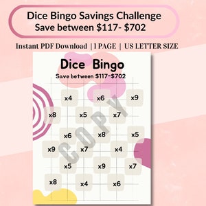 Dice Bingo Savings Challenge, PDF Printable, Money Savings Challenge, Fun Savings Challenge, Bingo Savings, Dice Savings